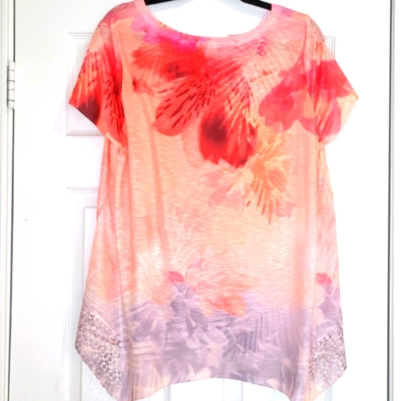 Tropical Top OrangeGray Crystal Lace Detail XL SuperFlattering Lightweight Loose - Picture 4 of 6